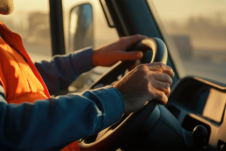 Mani di un driver di truck sul volante